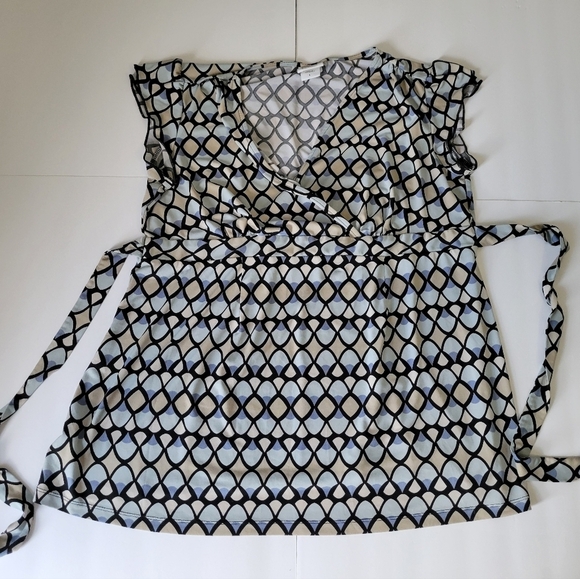 Oh Baby Blue Geometric Patterned Wrap V Neck Office Wear Maternity Top - Picture 1 of 8